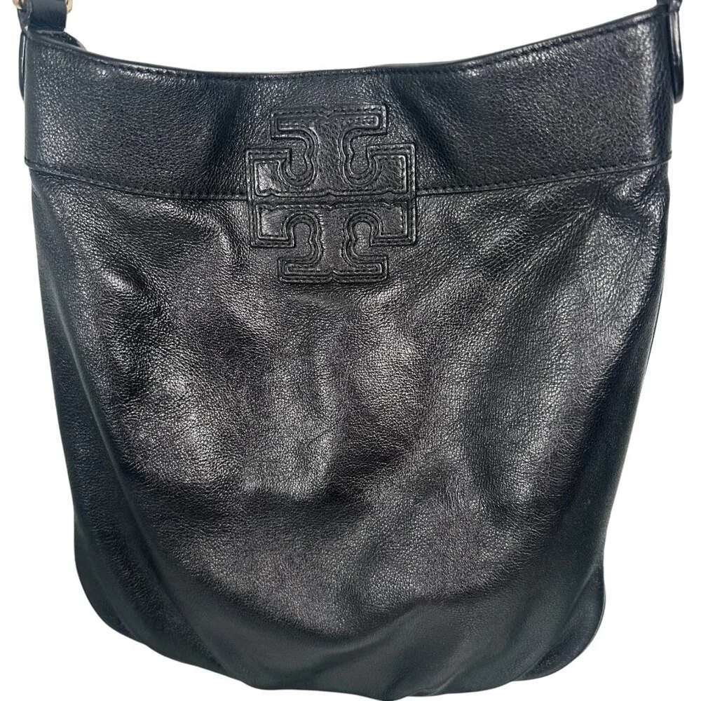 Tory Burch Black Stacked T Book Bag Pebbled Leather Crossbody - Picture 3 of 16